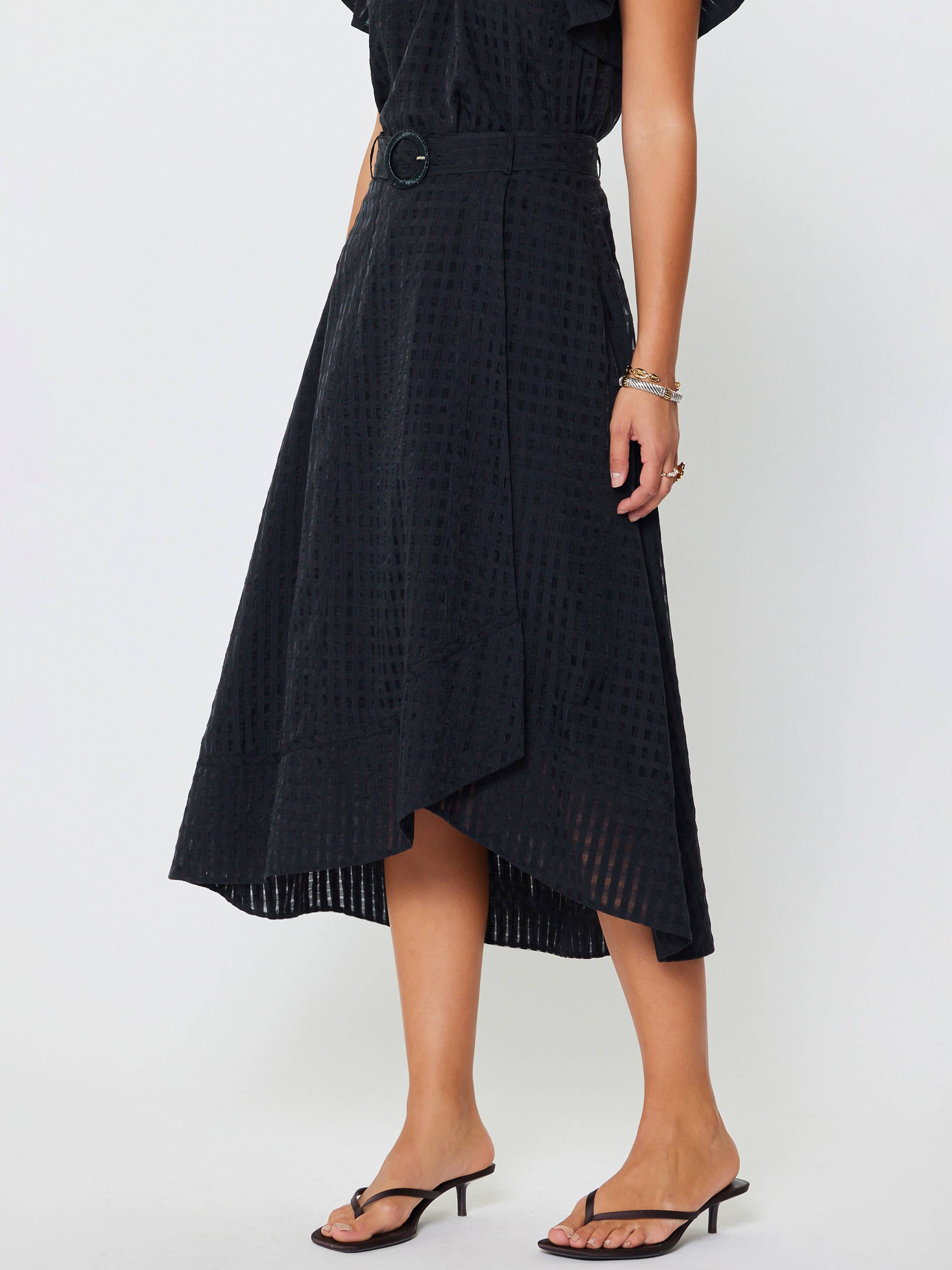 Current Air - Gingham Asymmetric Belted Midi Skirt