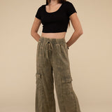 Washed Linen Elastic Band Waist Cargo Pants, Zenana (various colors)