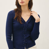 Be Cool - RUFFLED V-NECK DETAIL RIBBED CARDIGAN