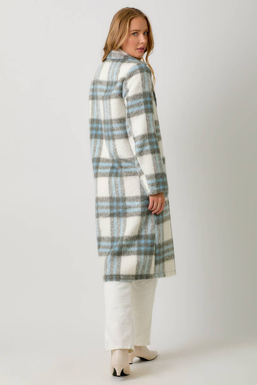 Mystree Fuzzy Plaid Long Coat