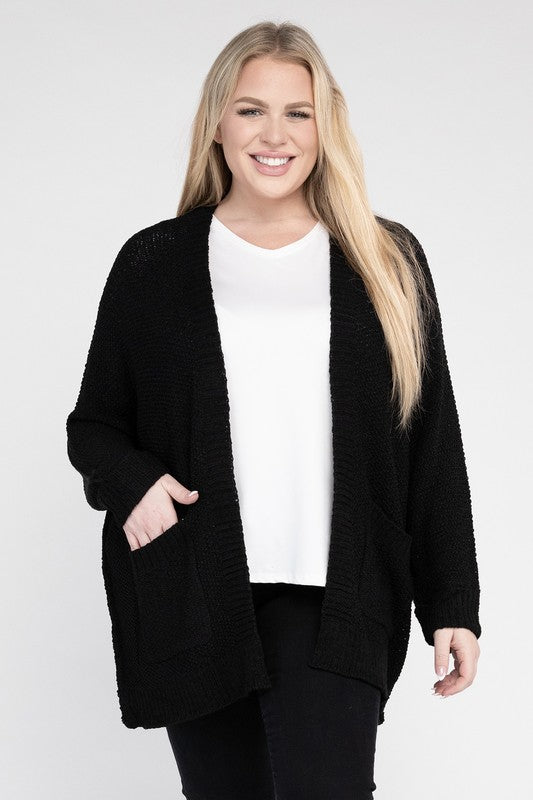 Ribbed Knit Open Front Cardigan (Various Colors), eesome (Plus Only)