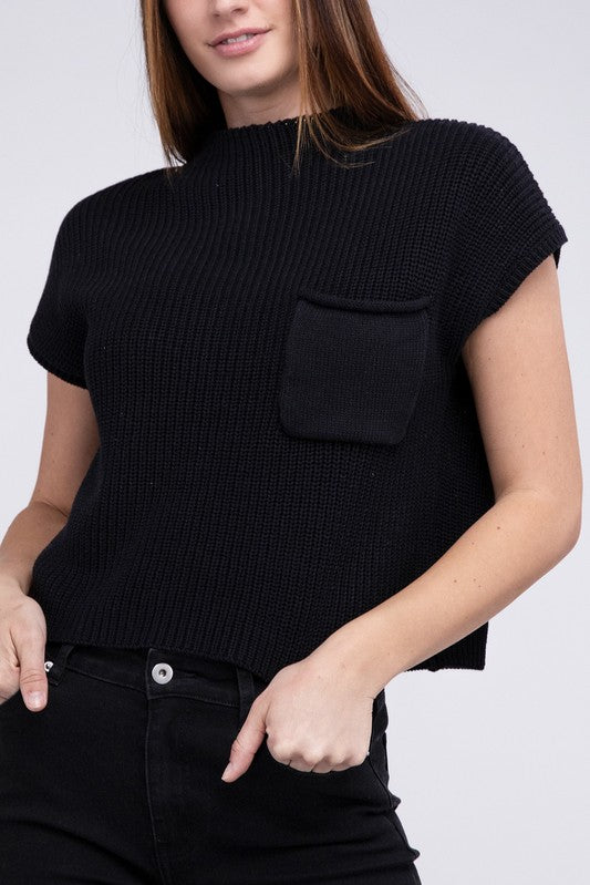 Mock Neck Short Sleeve Cropped Sweater, Zenana