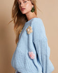 POL Crochet Flower Round Neck Dropped Shoulder Sweater