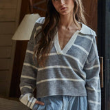 By Together -Knit Sweater Striped Collar V-Neck Long Sleeve Top