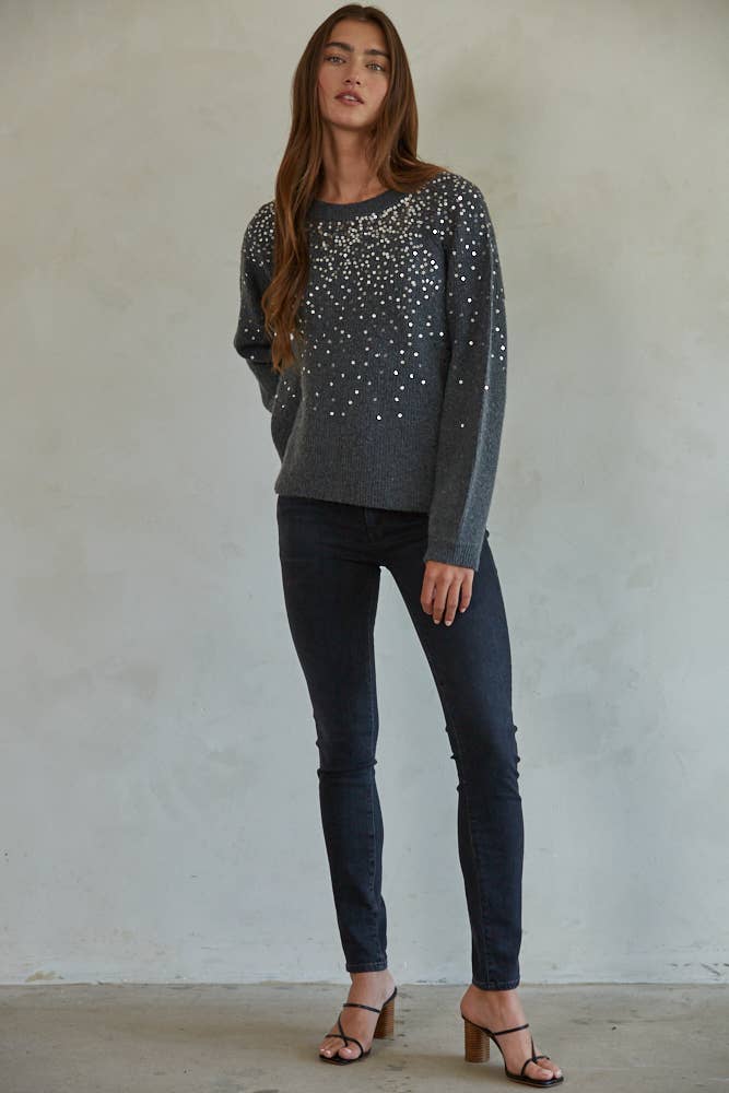 By Together Knit Sweater Ribbed Sequin Detail Crew Neck Pullover