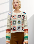 Floral Crochet Striped Sleeve Cropped Knit Sweater (Various colors), Davi & Dani