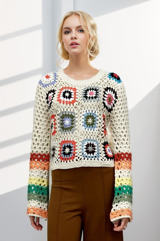 Floral Crochet Striped Sleeve Cropped Knit Sweater (Various colors), Davi & Dani