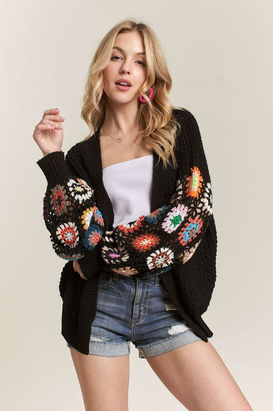 ADORA Contrast Crochet Open Front Long Sleeve Cardigan