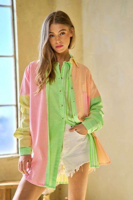 OVERSIZED MULTI COLOR STRIPE BUTTON DOWN, Davi & Dani