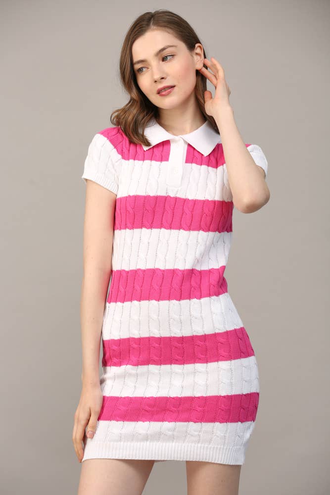 FATE - STRIPE POLO COLLAR SHORT SLV SWEATER DRESS