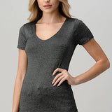 V Neck Double Layered Short Sleeve Top, Hashttag