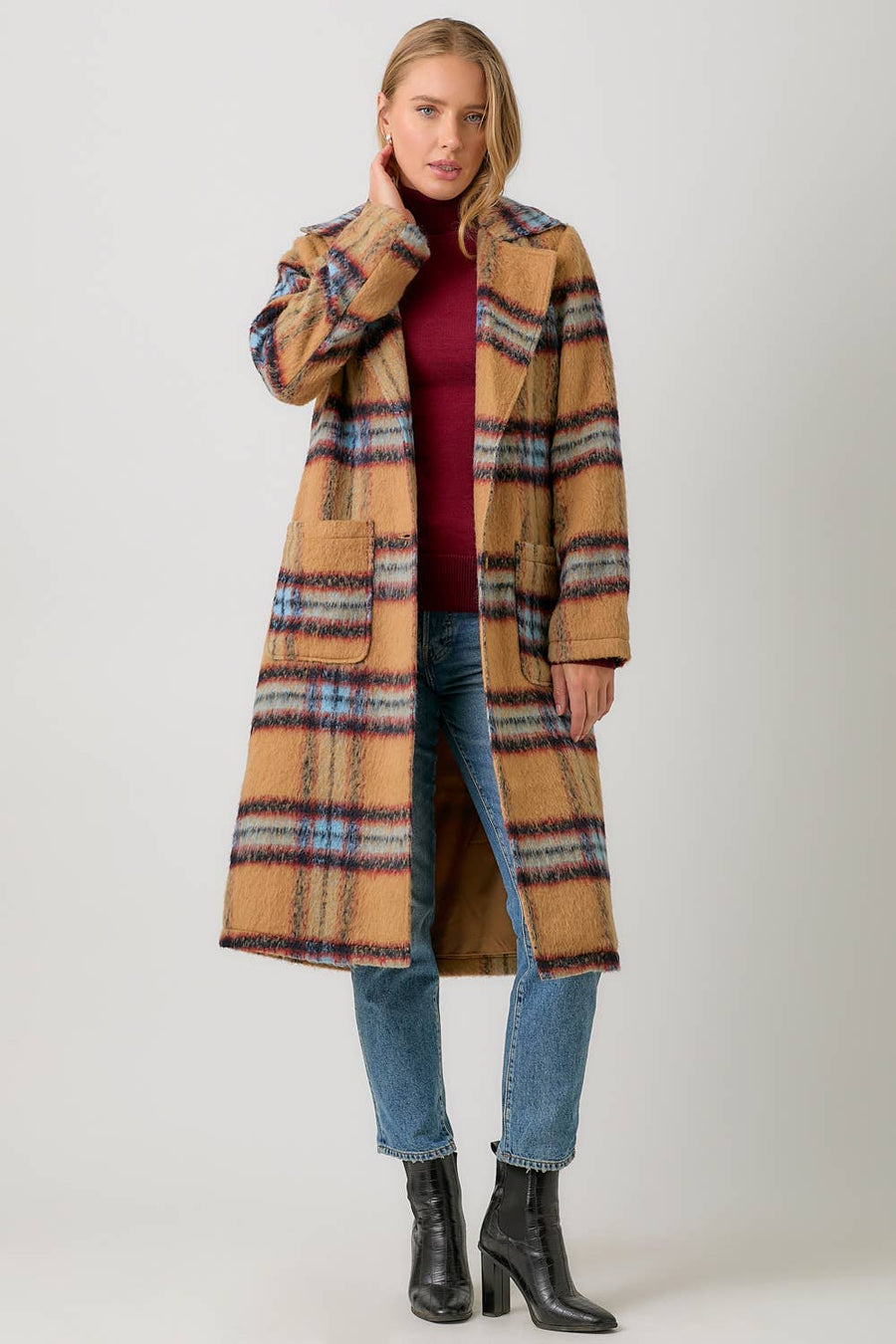 Mystree Fuzzy Plaid Long Coat