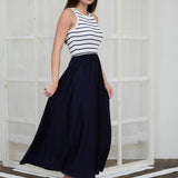 Moon River - STRIPE TANK SLEEVELESS MIXED MEDIA MIDI DRESS : IVORY