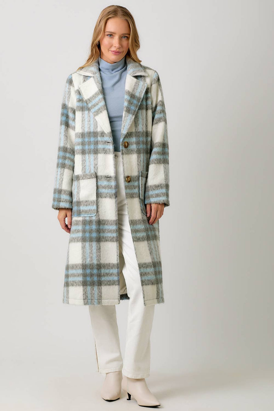 Mystree Fuzzy Plaid Long Coat