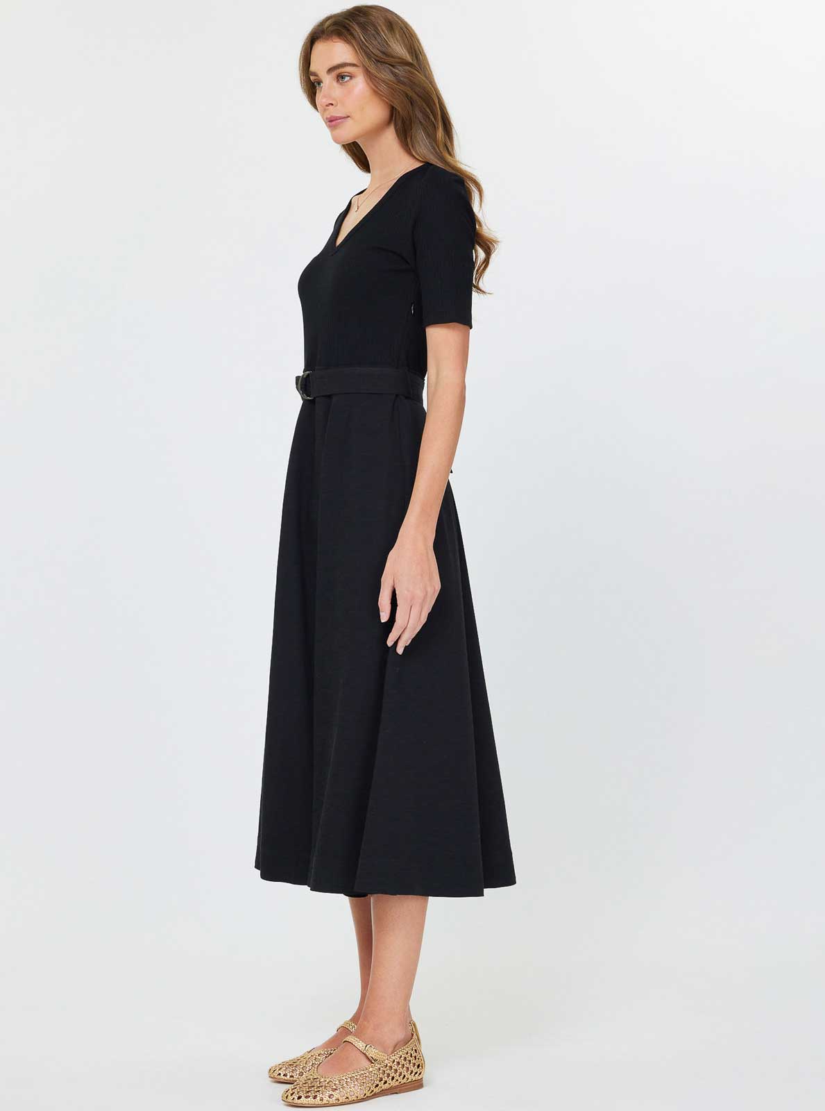 Current Air - Knit Top And Woven Skirt Combo Midi Dress