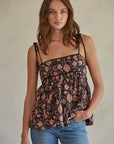 By Together Woven Cotton Floral Print Tie Strap Top