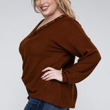 Brushed Waffle V-Neck Button Detail Sweater (Various colors), Zenana, Plus Only