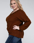 Brushed Waffle V-Neck Button Detail Sweater (Various colors), Zenana, Plus Only