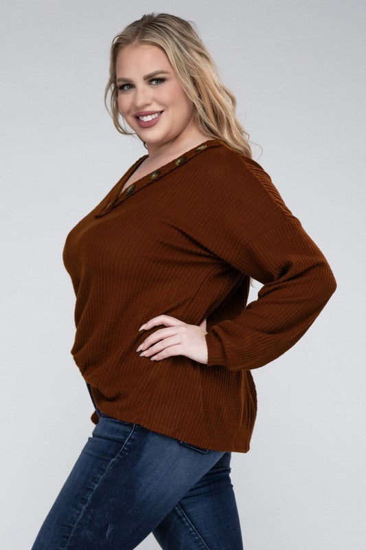 Brushed Waffle V-Neck Button Detail Sweater (Various colors), Zenana, Plus Only