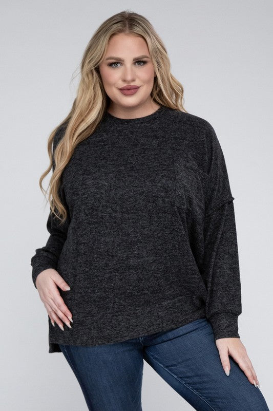 Brushed Melange Drop Shoulder Sweater, Various Colors, Zenana (Plus only)