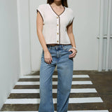 Moon River - CONTRAST STITCH CROCHET KNIT SHORT SLEEVE CARDIGAN