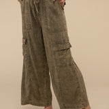 Washed Linen Elastic Band Waist Cargo Pants, Zenana (various colors)