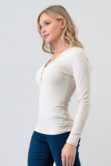 Hashttag - Ribbed Henley Long Sleeve Top