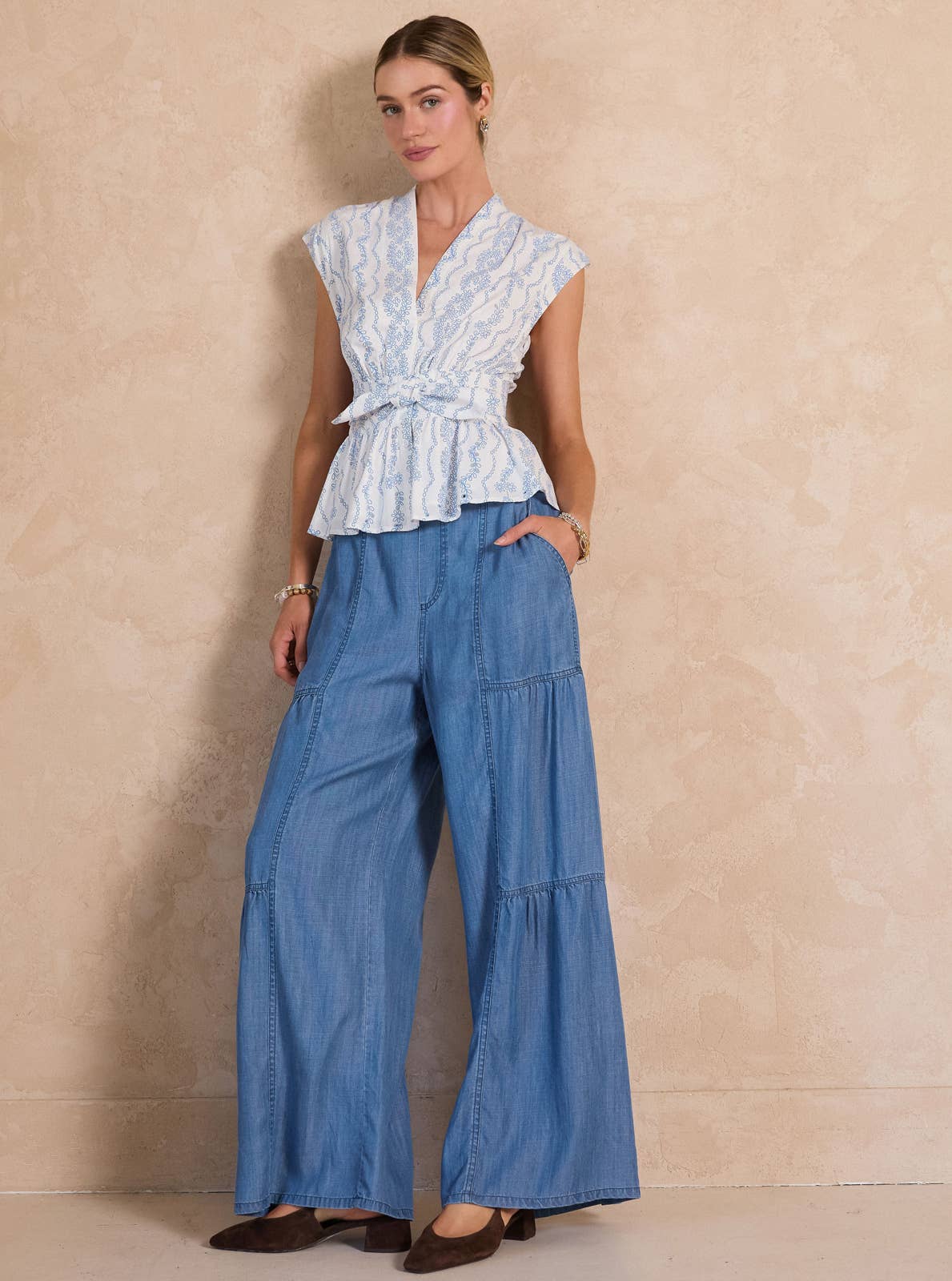 *Pre Order* Current Air - Chambray tiered wide leg pants