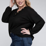 Brushed Waffle V-Neck Button Detail Sweater (Various colors), Zenana, Plus Only