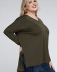 V-Neck Side Slit Hi-Low Hem Top, Various Colors, Zenana (Plus Only)