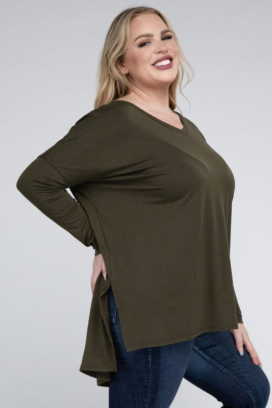 V-Neck Side Slit Hi-Low Hem Top, Various Colors, Zenana (Plus Only)