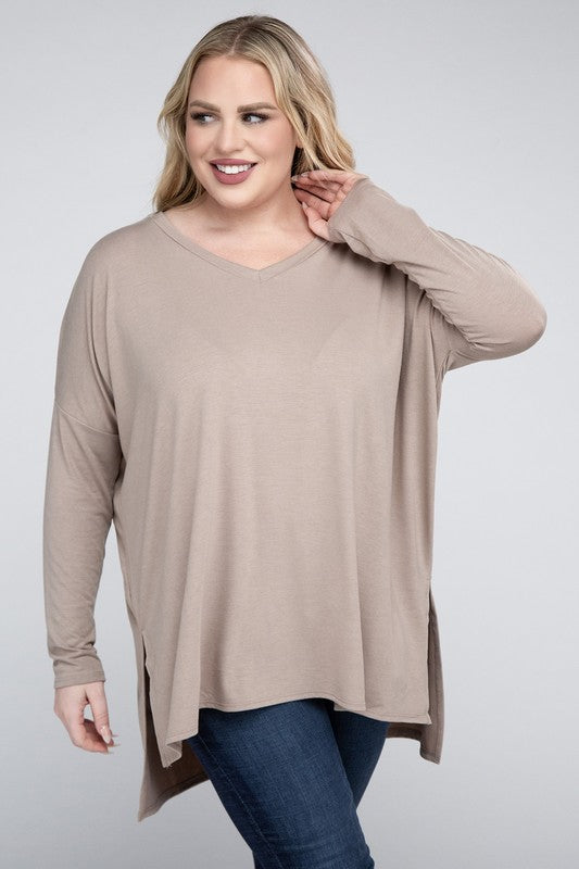 V-Neck Side Slit Hi-Low Hem Top, Various Colors, Zenana (Plus Only)