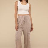 Washed Linen Elastic Band Waist Cargo Pants, Zenana (various colors)
