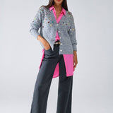 Q2- V-neck Cardigan With Multicolor Embroidered Sequin in Gray