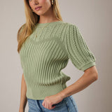 Sunday Edition by LE LIS - ROUND NECK PUFF SHORT SLEEVE CABLE SWEATER