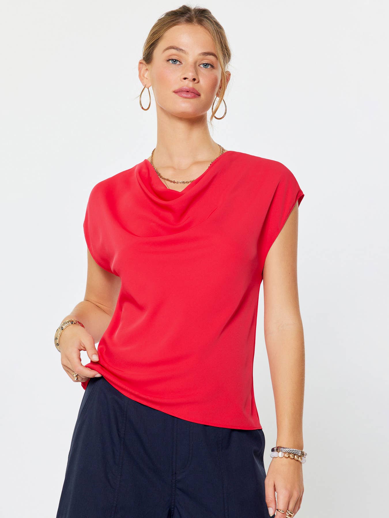 Current Air - Draped Cowl Neck Cap Sleeve Top