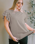 Plus Size Eyelet Round Neck Short Sleeve Blouse