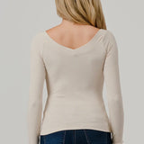 Raglan Deep V Neck Long Sleeve Rib Top, Hashttag