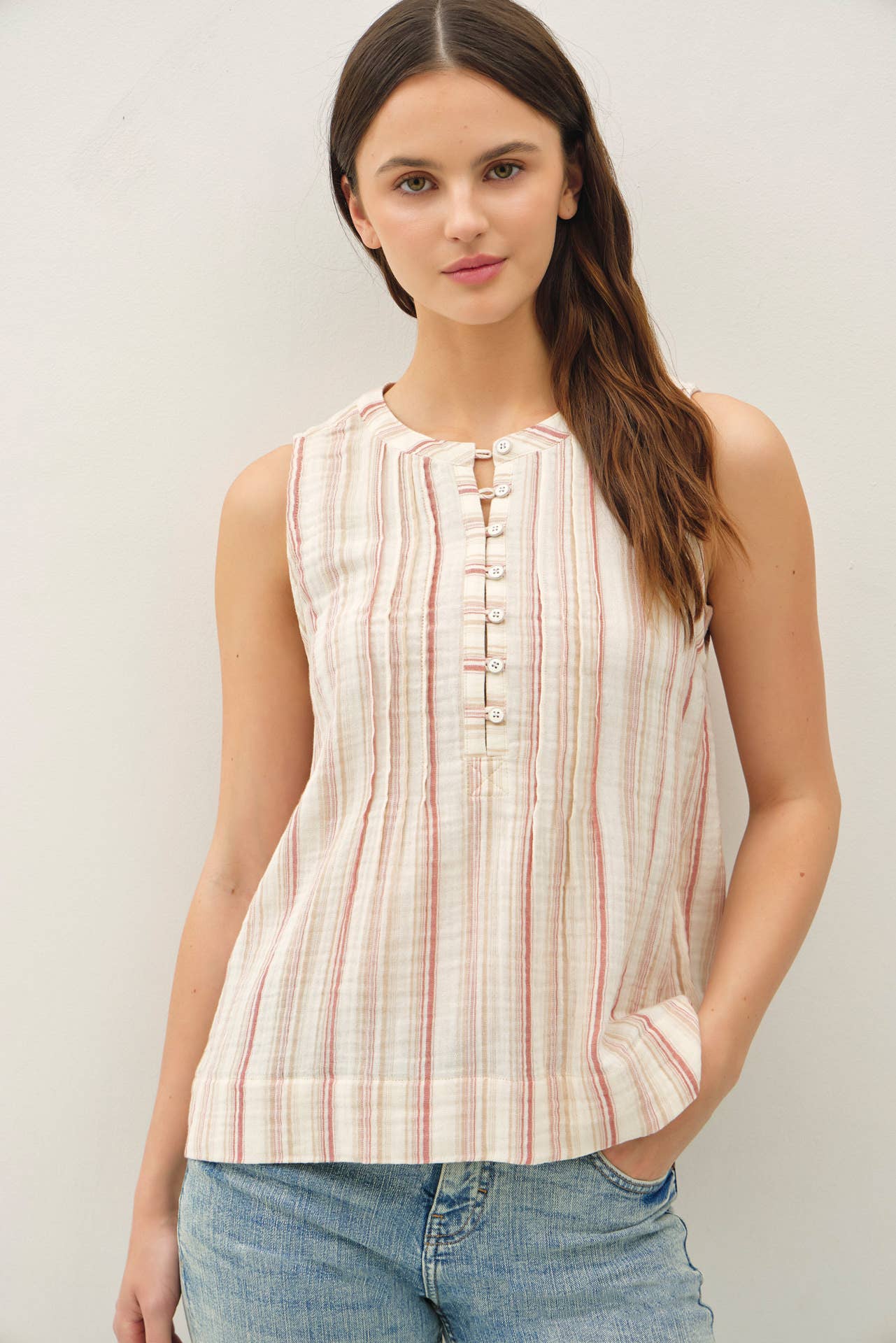 Be Cool - STRIPED GAUZE WOVEN TANK TOP