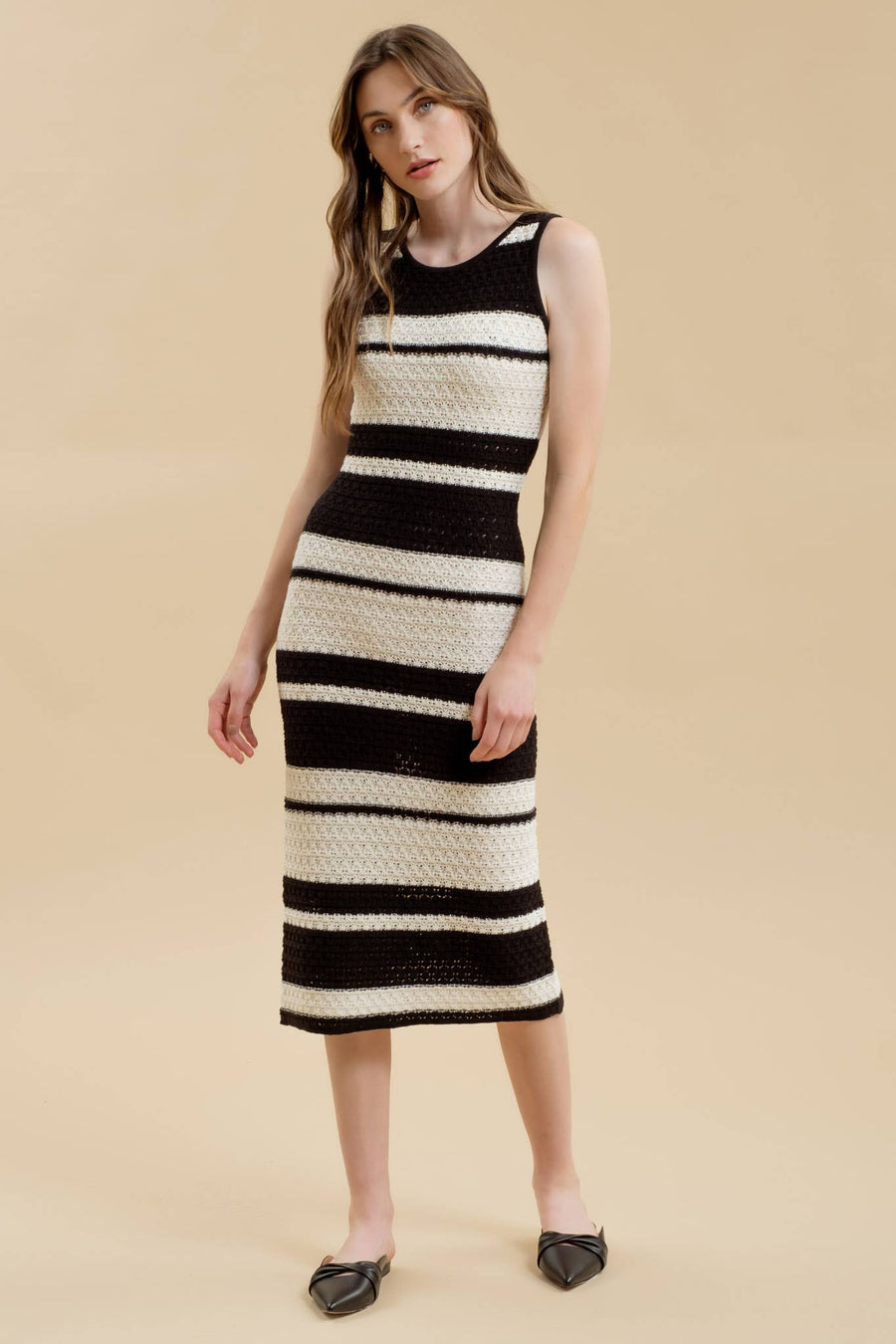 Moon River - STRIPE SLEEVELESS CROCHET KNIT MIDI DRESS