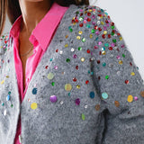Q2- V-neck Cardigan With Multicolor Embroidered Sequin in Gray