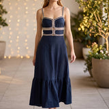 BABY PINK - Sweetheart Neckline Midi Dress with Lace Trim Detai