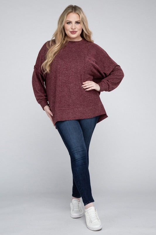 Brushed Melange Drop Shoulder Sweater, Various Colors, Zenana (Plus only)