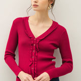 Be Cool - RUFFLED V-NECK DETAIL RIBBED CARDIGAN