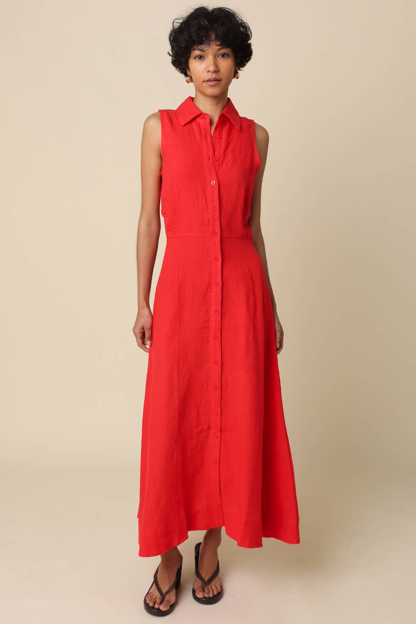 Olivaceous - Aimme Button-Front Linen Maxi Dress