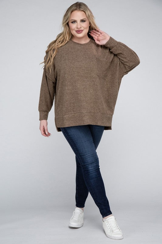 Brushed Melange Drop Shoulder Sweater, Various Colors, Zenana (Plus only)