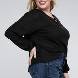 Brushed Waffle V-Neck Button Detail Sweater (Various colors), Zenana, Plus Only
