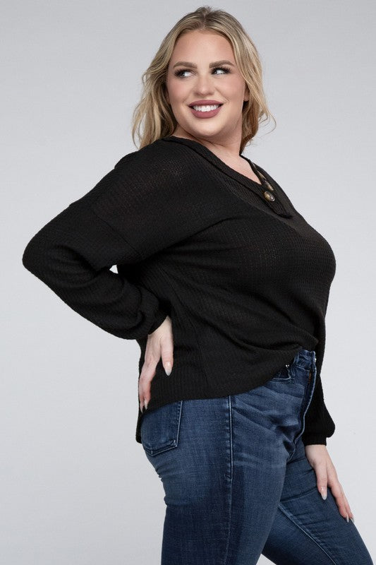 Brushed Waffle V-Neck Button Detail Sweater (Various colors), Zenana, Plus Only