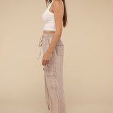 Washed Linen Elastic Band Waist Cargo Pants, Zenana (various colors)