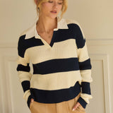 SKIES ARE BLUE - Striped Ribbed Knit Polo Shirt